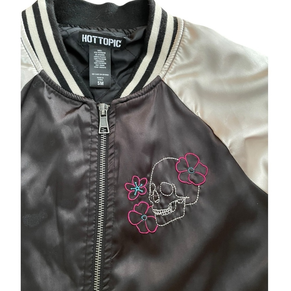 Hot Topic Embroidered Skull Satin Bomber Jacket - Black & Ivory - Picture 4 of 15